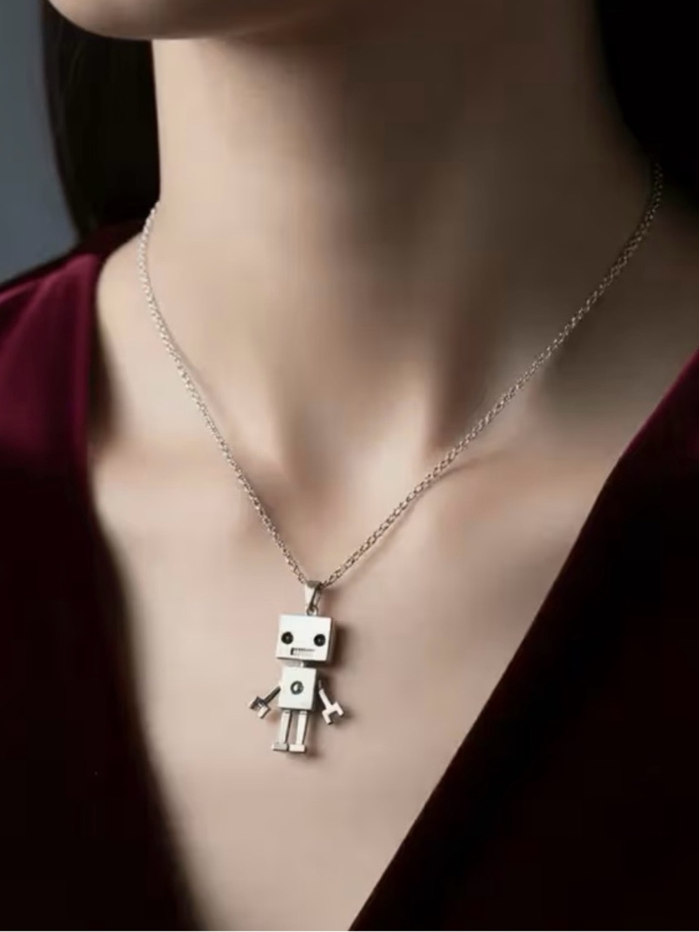 New Metal Robot 2 Sided Smaller Version Pendant Necklace, Stainless Steel - Picture 14 of 16
